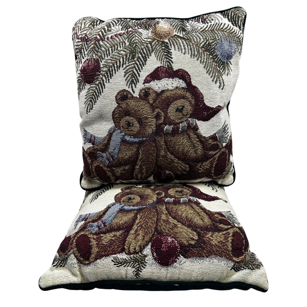 Vintage Christmas Teddy Bear Woven Tapestry Throw Pillows Set of 2 Green Back